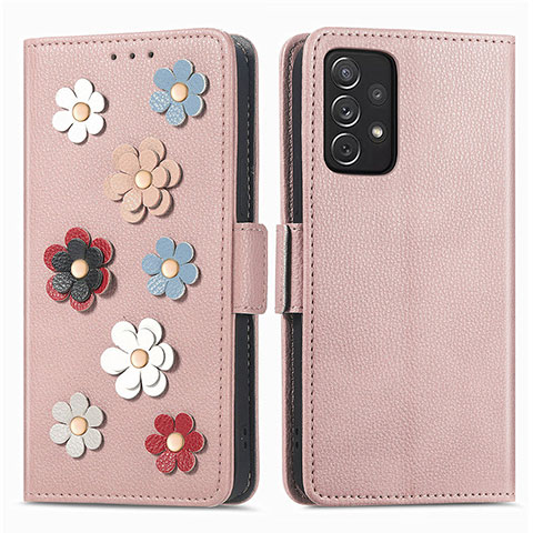 Funda de Cuero Cartera con Soporte Flores Carcasa S02D para Samsung Galaxy A72 5G Oro Rosa