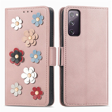 Funda de Cuero Cartera con Soporte Flores Carcasa S02D para Samsung Galaxy S20 FE 4G Oro Rosa