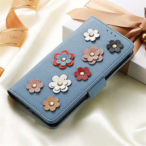 Funda de Cuero Cartera con Soporte Flores Carcasa S02D para Samsung Galaxy S21 Ultra 5G Azul