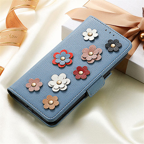 Funda de Cuero Cartera con Soporte Flores Carcasa S02D para Samsung Galaxy S22 5G Azul