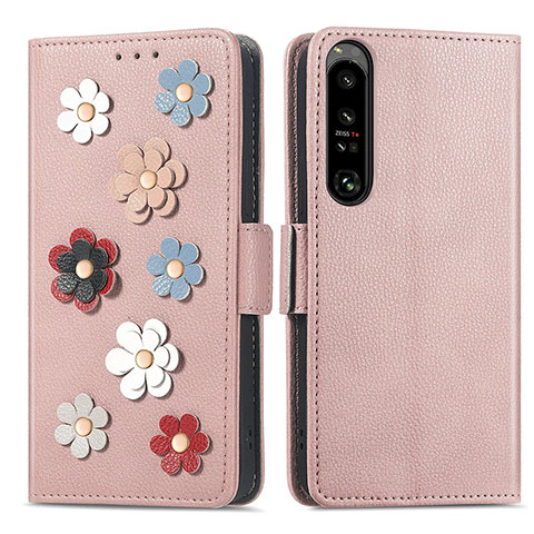 Funda de Cuero Cartera con Soporte Flores Carcasa S02D para Sony Xperia 1 IV Oro Rosa