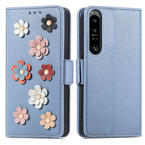 Funda de Cuero Cartera con Soporte Flores Carcasa S02D para Sony Xperia 1 IV SO-51C Azul