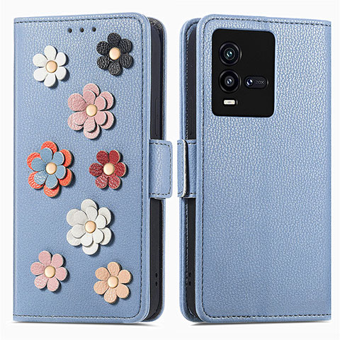 Funda de Cuero Cartera con Soporte Flores Carcasa S02D para Vivo iQOO 9T 5G Azul