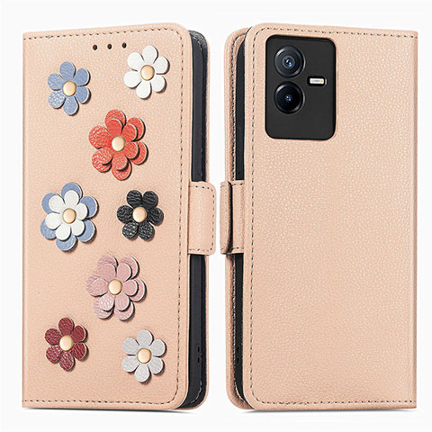 Funda de Cuero Cartera con Soporte Flores Carcasa S02D para Vivo iQOO Z6x Caqui