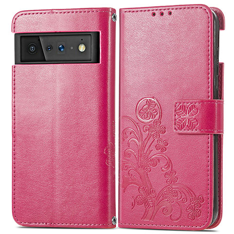 Funda de Cuero Cartera con Soporte Flores Carcasa S03D para Google Pixel 6 5G Rosa Roja