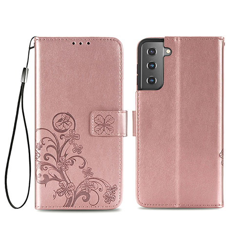 Funda de Cuero Cartera con Soporte Flores Carcasa S03D para Samsung Galaxy S21 Plus 5G Rosa