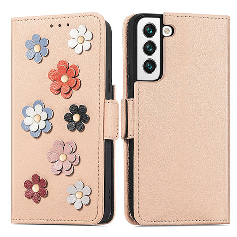 Funda de Cuero Cartera con Soporte Flores Carcasa S04D para Samsung Galaxy S21 Plus 5G Oro