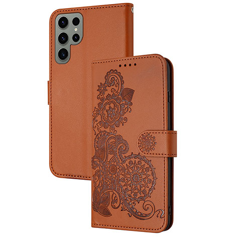 Funda de Cuero Cartera con Soporte Flores Carcasa Y01X para Samsung Galaxy S23 Ultra 5G Marron