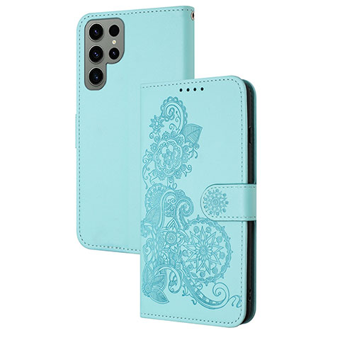 Funda de Cuero Cartera con Soporte Flores Carcasa Y01X para Samsung Galaxy S24 Ultra 5G Azul Claro