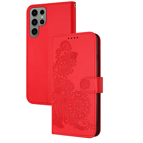 Funda de Cuero Cartera con Soporte Flores Carcasa Y01X para Samsung Galaxy S24 Ultra 5G Rojo