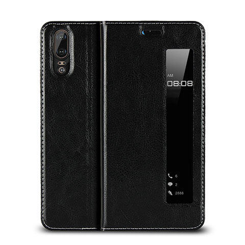 Funda de Cuero Cartera con Soporte L02 para Huawei P20 Negro