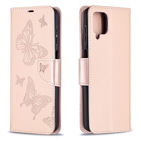 Funda de Cuero Cartera con Soporte Mariposa Carcasa B01F para Samsung Galaxy A12 Oro Rosa