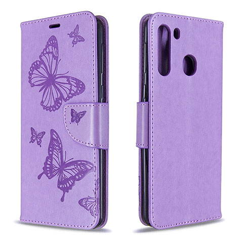 Funda de Cuero Cartera con Soporte Mariposa Carcasa B01F para Samsung Galaxy A21 Purpura Claro