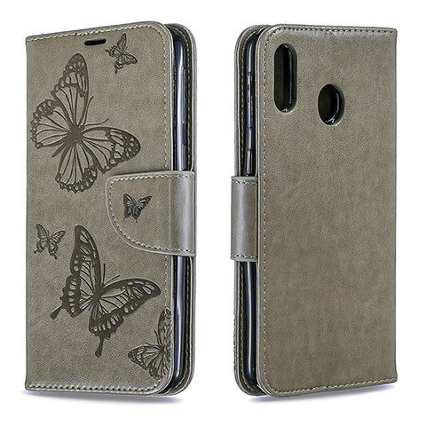 Funda de Cuero Cartera con Soporte Mariposa Carcasa B01F para Samsung Galaxy M20 Gris