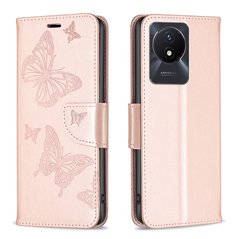 Funda de Cuero Cartera con Soporte Mariposa Carcasa B01F para Vivo Y02 Oro Rosa