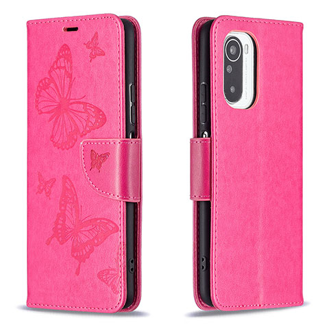 Funda de Cuero Cartera con Soporte Mariposa Carcasa B01F para Xiaomi Poco F3 5G Rosa Roja