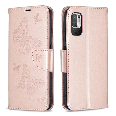 Funda de Cuero Cartera con Soporte Mariposa Carcasa B01F para Xiaomi POCO M3 Pro 5G Oro Rosa