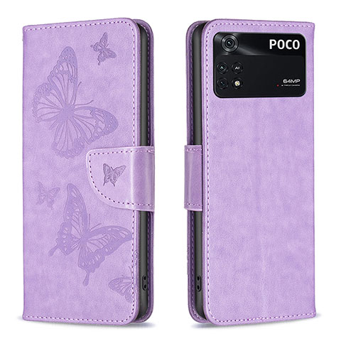 Funda de Cuero Cartera con Soporte Mariposa Carcasa B01F para Xiaomi Poco M4 Pro 4G Purpura Claro