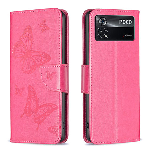 Funda de Cuero Cartera con Soporte Mariposa Carcasa B01F para Xiaomi Poco X4 Pro 5G Rosa Roja