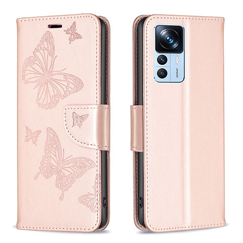 Funda de Cuero Cartera con Soporte Mariposa Carcasa B01F para Xiaomi Redmi K50 Ultra 5G Oro Rosa