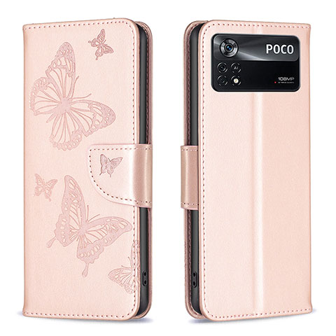 Funda de Cuero Cartera con Soporte Mariposa Carcasa B01F para Xiaomi Redmi Note 11E Pro 5G Oro Rosa