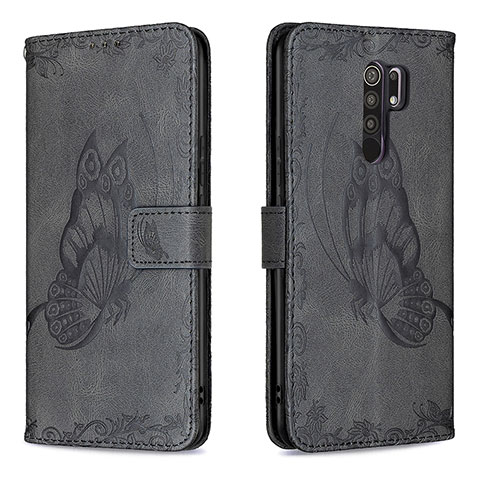 Funda de Cuero Cartera con Soporte Mariposa Carcasa B02F para Xiaomi Redmi 9 Prime India Negro