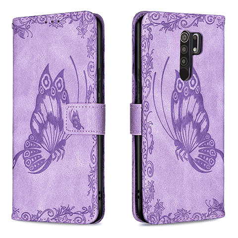 Funda de Cuero Cartera con Soporte Mariposa Carcasa B02F para Xiaomi Redmi 9 Prime India Purpura Claro