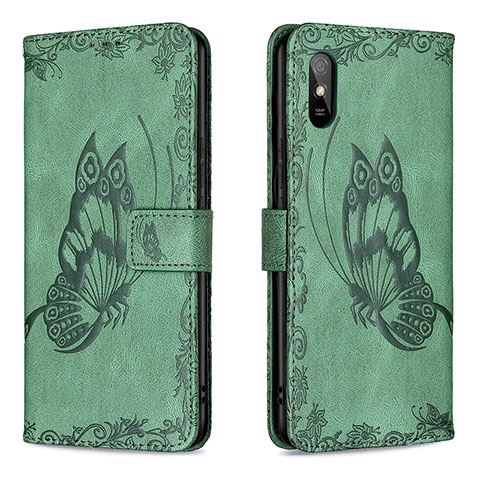 Funda de Cuero Cartera con Soporte Mariposa Carcasa B02F para Xiaomi Redmi 9A Verde