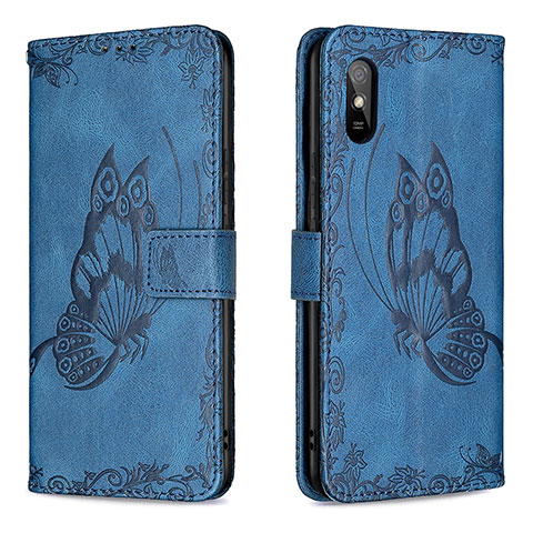 Funda de Cuero Cartera con Soporte Mariposa Carcasa B02F para Xiaomi Redmi 9i Azul