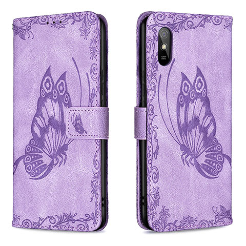 Funda de Cuero Cartera con Soporte Mariposa Carcasa B02F para Xiaomi Redmi 9i Purpura Claro