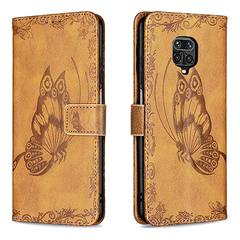 Funda de Cuero Cartera con Soporte Mariposa Carcasa B02F para Xiaomi Redmi Note 9 Pro Marron