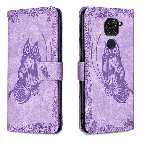 Funda de Cuero Cartera con Soporte Mariposa Carcasa B02F para Xiaomi Redmi Note 9 Purpura Claro