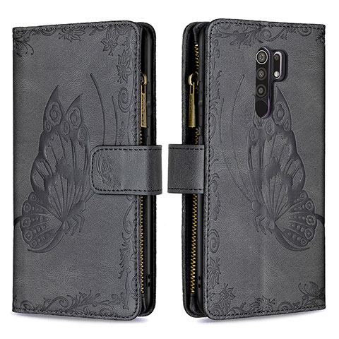 Funda de Cuero Cartera con Soporte Mariposa Carcasa B03F para Xiaomi Redmi 9 Negro