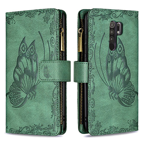 Funda de Cuero Cartera con Soporte Mariposa Carcasa B03F para Xiaomi Redmi 9 Prime India Verde