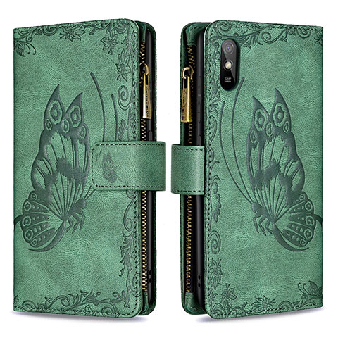 Funda de Cuero Cartera con Soporte Mariposa Carcasa B03F para Xiaomi Redmi 9A Verde