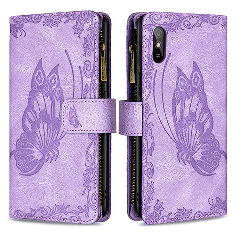 Funda de Cuero Cartera con Soporte Mariposa Carcasa B03F para Xiaomi Redmi 9i Purpura Claro