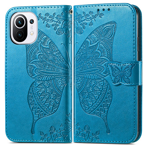 Funda de Cuero Cartera con Soporte Mariposa Carcasa L02 para Xiaomi Mi 11 5G Azul