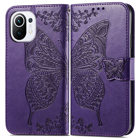 Funda de Cuero Cartera con Soporte Mariposa Carcasa L02 para Xiaomi Mi 11 Lite 4G Morado