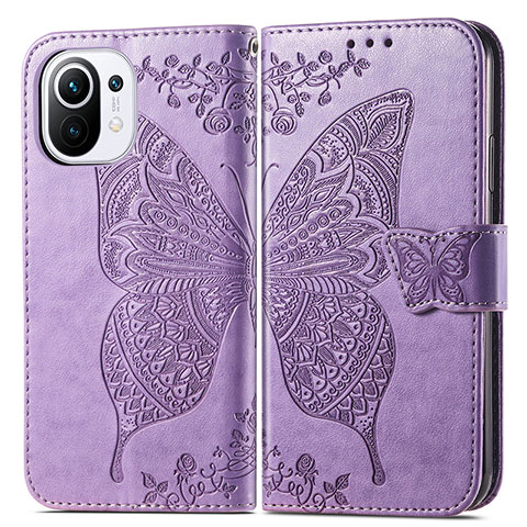 Funda de Cuero Cartera con Soporte Mariposa Carcasa L02 para Xiaomi Mi 11 Lite 4G Purpura Claro