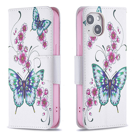 Funda de Cuero Cartera con Soporte Mariposa Carcasa L07 para Apple iPhone 15 Blanco