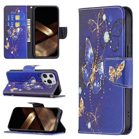 Funda de Cuero Cartera con Soporte Mariposa Carcasa L07 para Apple iPhone 15 Pro Max Azul Real