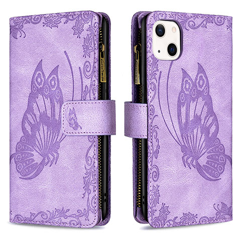 Funda de Cuero Cartera con Soporte Mariposa Carcasa L08 para Apple iPhone 13 Mini Morado