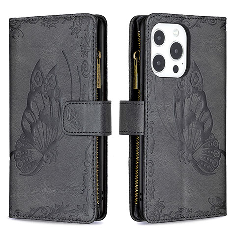 Funda de Cuero Cartera con Soporte Mariposa Carcasa L08 para Apple iPhone 13 Pro Max Negro