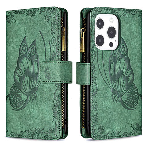 Funda de Cuero Cartera con Soporte Mariposa Carcasa L08 para Apple iPhone 13 Pro Max Verde