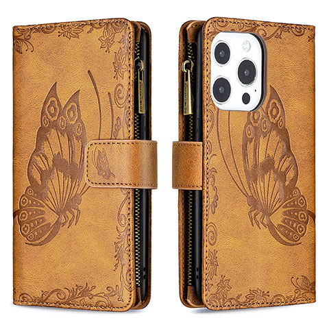 Funda de Cuero Cartera con Soporte Mariposa Carcasa L08 para Apple iPhone 14 Pro Marron