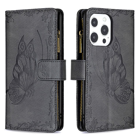 Funda de Cuero Cartera con Soporte Mariposa Carcasa L08 para Apple iPhone 14 Pro Max Negro