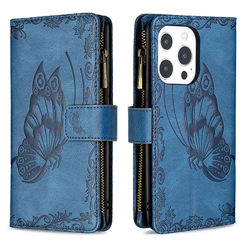 Funda de Cuero Cartera con Soporte Mariposa Carcasa L08 para Apple iPhone 16 Pro Azul