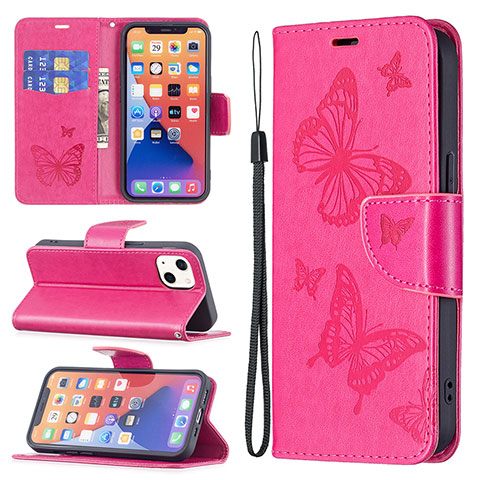 Funda de Cuero Cartera con Soporte Mariposa Carcasa L09 para Apple iPhone 13 Mini Rosa Roja