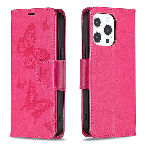 Funda de Cuero Cartera con Soporte Mariposa Carcasa L09 para Apple iPhone 13 Pro Rosa Roja