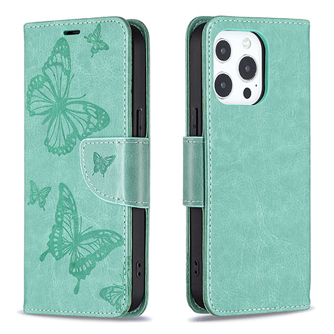 Funda de Cuero Cartera con Soporte Mariposa Carcasa L09 para Apple iPhone 14 Pro Verde